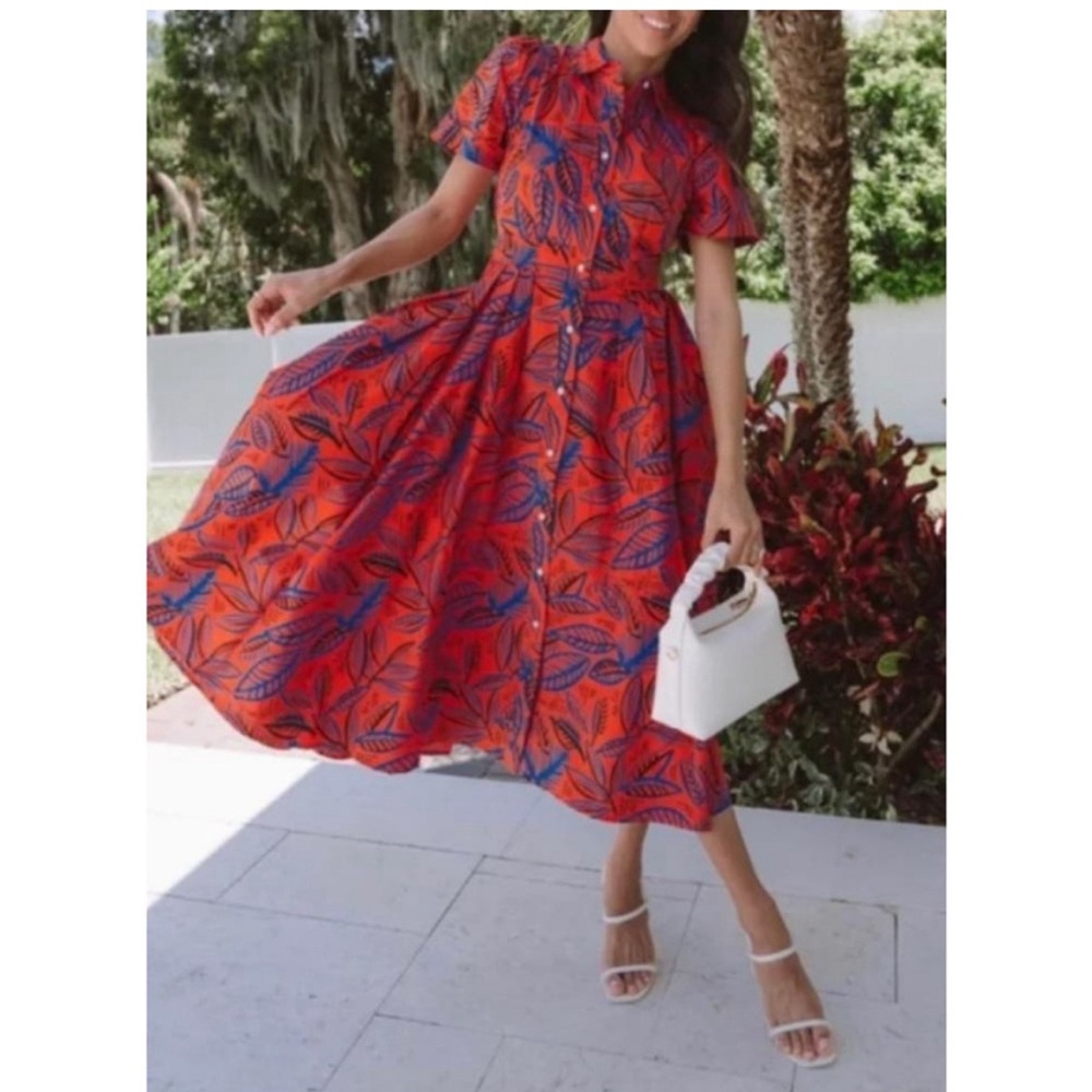 Alexis X Target Womans 1X Plus Shirt Dress Leaf Print Midi Short Sleeve Pockets